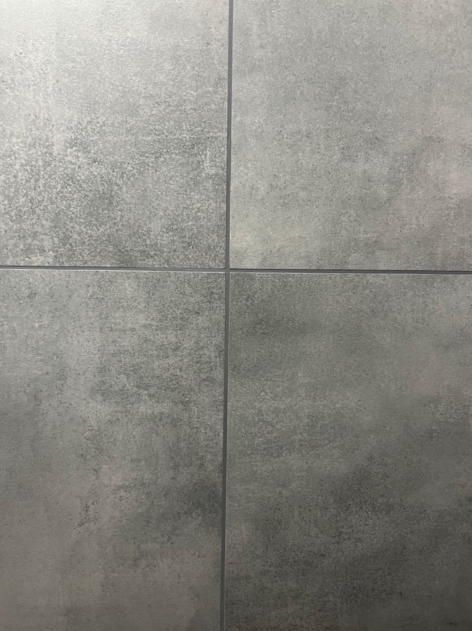 Cztery duże, kwadratowe, szare płytki z delikatną teksturą, ułożone obok siebie z cienkimi fugami. Minimalistyczny wzór, neutralna kolorystyka.