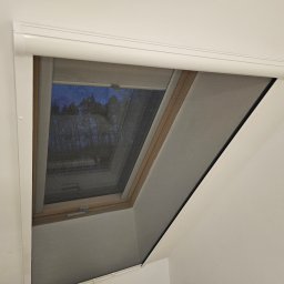 Świat Rolet i Żaluzji - Zamknięta moskitiera rolowana w oknie dachowym, widok od dołu. Biała kaseta i prowadnice, siatka w kolorze szarym. Widok na drzewa za oknem.