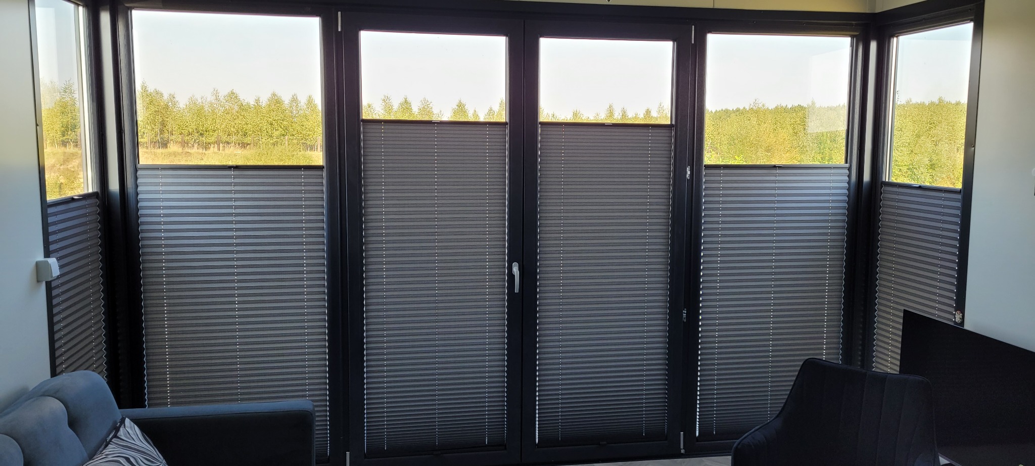 Szare plisy okienne zamontowane w oknach z czarnymi ramami, widok na zieleń za oknem. Częściowo widoczny narożnik pokoju z meblami.