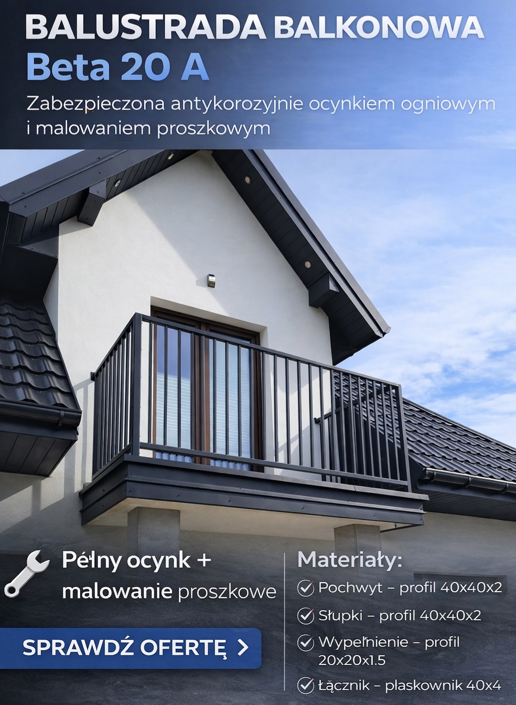 Czarna, metalowa balustrada balkonowa Beta 20 A, ocynkowana i malowana proszkowo, zamontowana w Piotrowcu. Nowoczesny design, zabezpieczenie antykorozyjne.