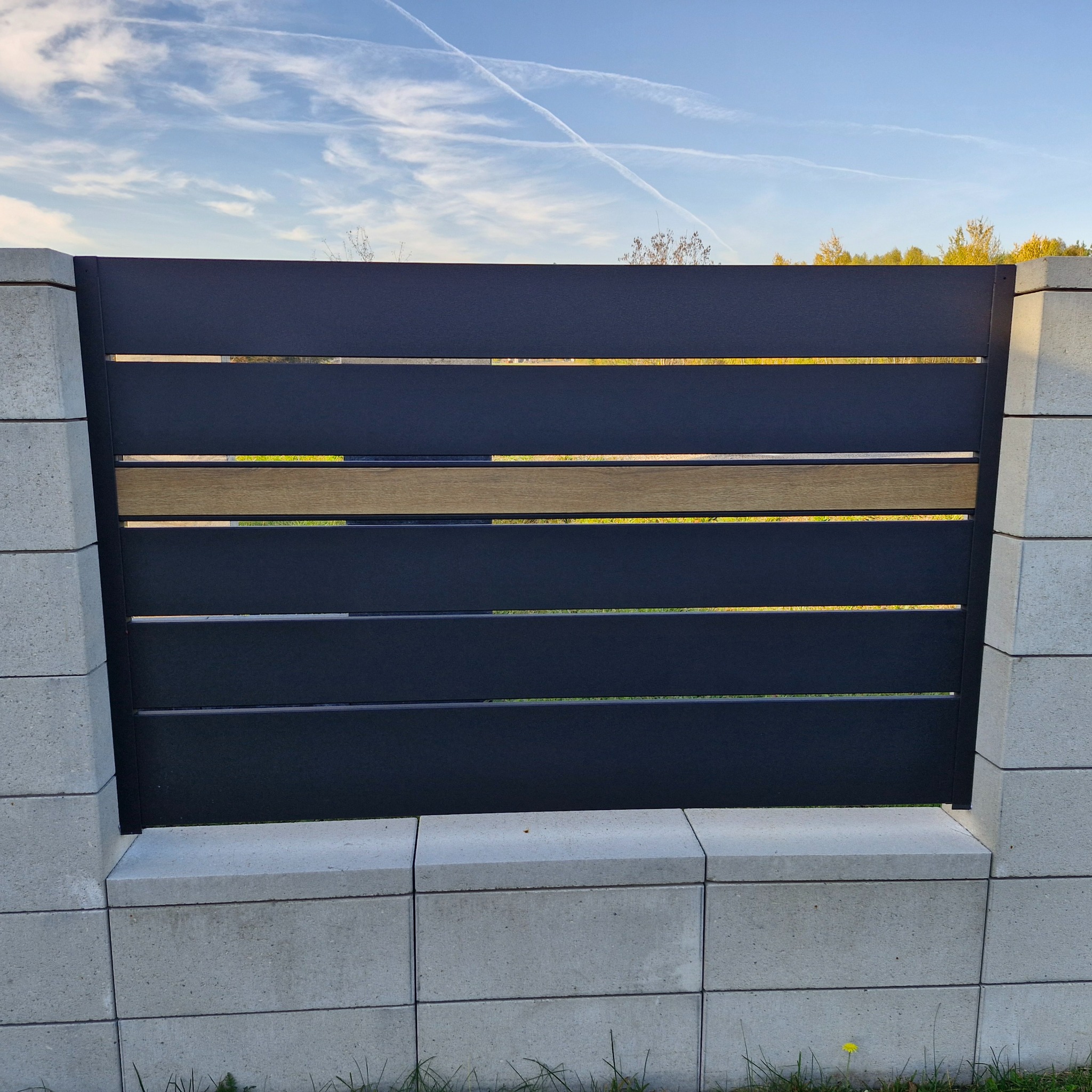 Nowoczesne ogrodzenie z betonowych słupków i paneli z poziomymi, czarnymi listwami oraz jedną deską w kolorze drewna. Błękitne niebo w tle.