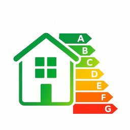 SP HOME TOMASZ BUZA - Grafika domu z kolorową skalą efektywności energetycznej od A do G, gdzie A jest zielone, a G czerwone. Ilustracja na białym tle.
