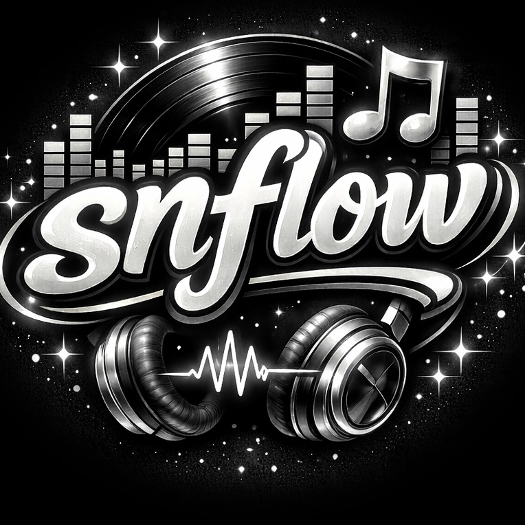 Czarno-biała grafika z napisem 'Snflow', słuchawkami, nutą i płytą winylową na tle rozgwieżdżonego nieba. Stylizowane logo z efektem 3D.