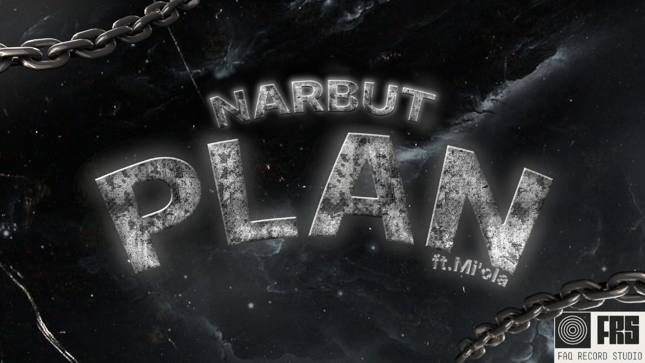 Okładka albumu muzycznego 'Narburt Plan ft. Mi'ola' z efektem metalicznej tekstury na tle kosmicznego pyłu i łańcuchów. Logo studia nagraniowego w prawym dolnym rogu.