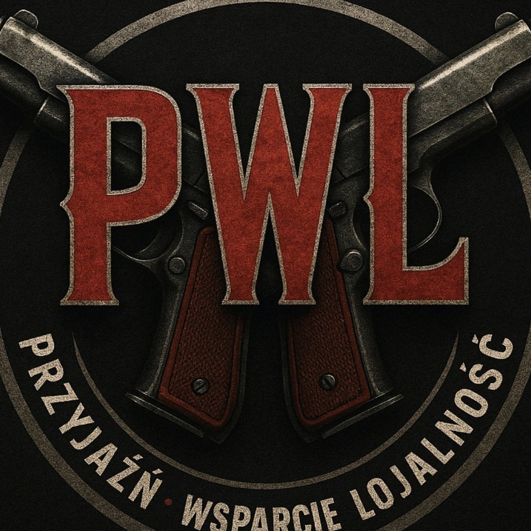 Grafika z czerwonym napisem 'PWL' na tle skrzyżowanych pistoletów i hasłami 'Przyjaźń, Wsparcie, Lojalność' w okręgu. Mroczny, stylizowany design.