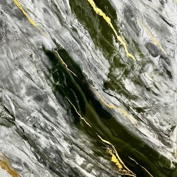 SPONTANDEKOR Tomasz Antoniewicz - Abstrakcyjna kompozycja malarska z przewagą szarości, zieleni i bieli, wzbogacona o złote akcenty, tworząca efekt marmurkowego wzoru z żyłkami.