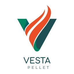 VESTA ENERGY Sp. z o.o. - Logo firmy Vesta Pellet: zielono-pomarańczowy symbol w kształcie litery V z płomieniami, nazwa firmy poniżej.