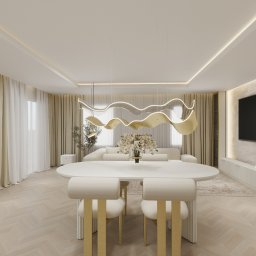 Lumi Interior - Eleganckie wnętrze: biały stół z krzesłami, designerska lampa, parkiet w jodełkę, telewizor na ścianie z efektem ognia. Stonowana kolorystyka, nowoczesny styl.