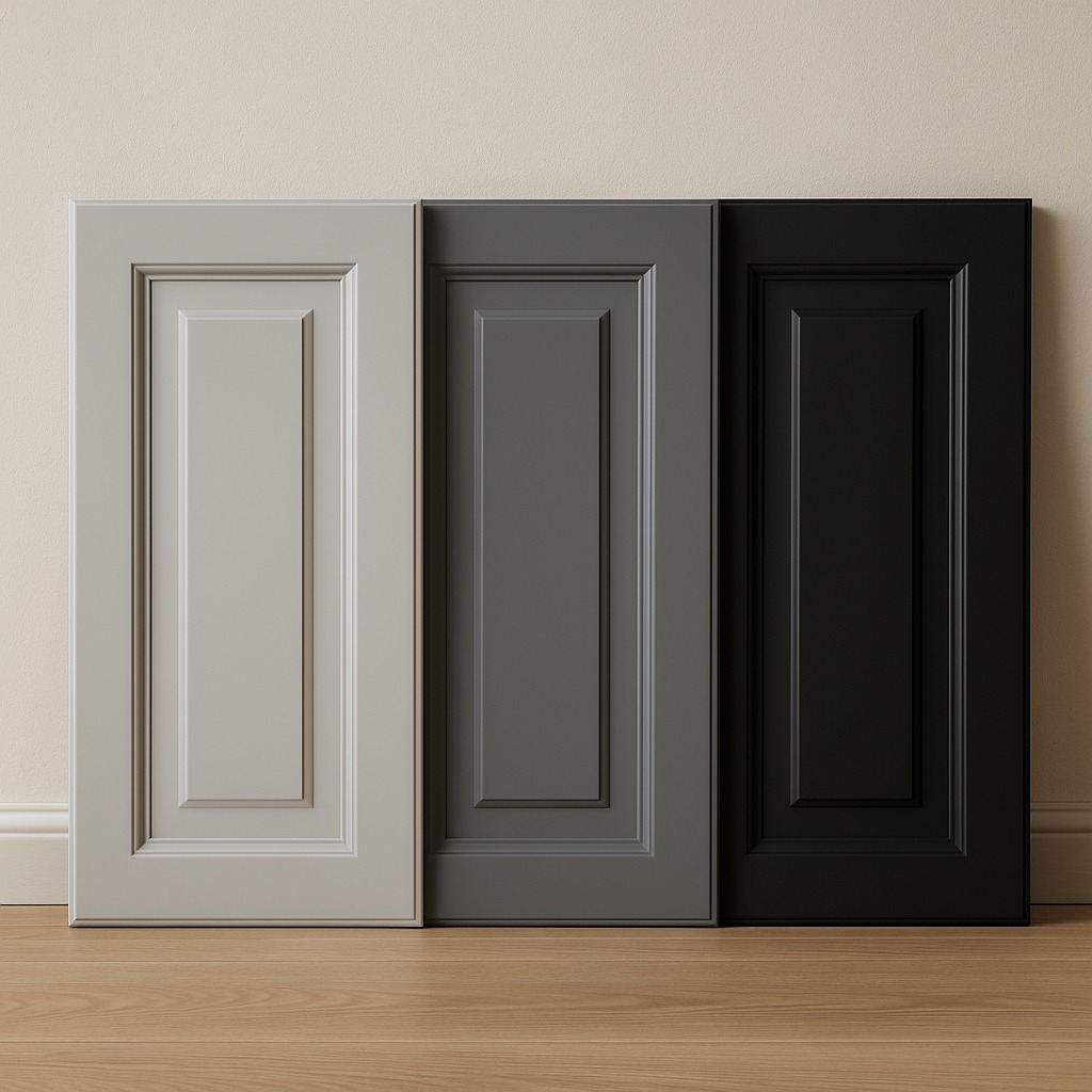 Trzy fronty meblowe w odcieniach szarości i czerni, prezentujące różne warianty kolorystyczne na tle ściany i podłogi z paneli.