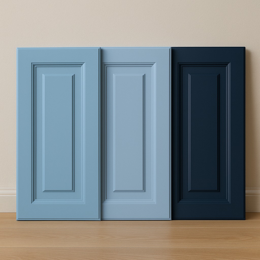 Trzy pomalowane fronty meblowe w odcieniach niebieskiego i granatowego, ustawione obok siebie na drewnianej podłodze, prezentacja kolorów i wykończeń.