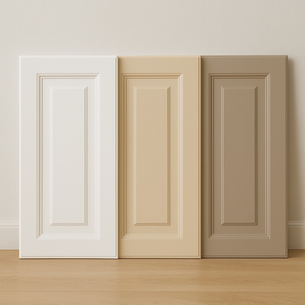 Trzy pomalowane, klasyczne fronty meblowe w odcieniach bieli, beżu i brązu, ustawione obok siebie na drewnianej podłodze, prezentacja kolorystyki.