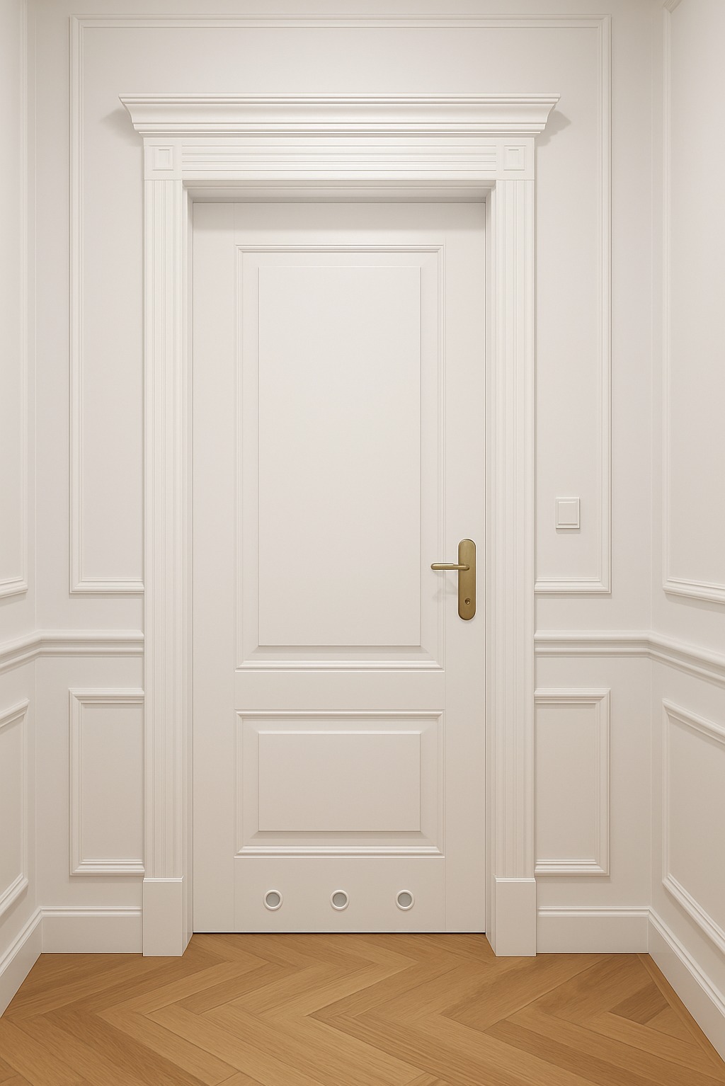 Eleganckie, białe drzwi z ozdobnymi listwami i złotą klamką, wkomponowane w klasyczną boazerię ścienną i parkiet w jodełkę. Subtelne oświetlenie podkreśla detale.