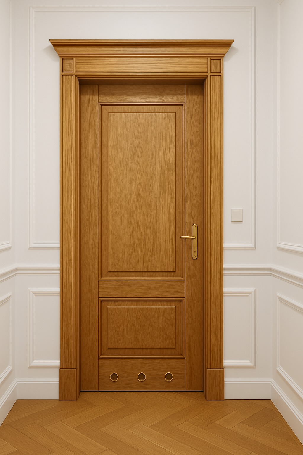 Dębowa, fornirowana, wewnętrzna stolarka drzwiowa z ozdobnymi listwami i złotymi detalami, wkomponowana w klasyczne, białe panele ścienne i parkiet w jodełkę.