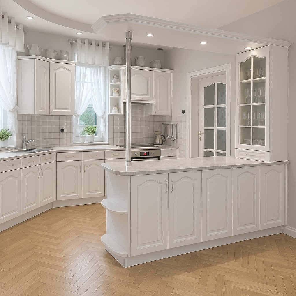 Jasna kuchnia w stylu klasycznym z białymi meblami, drewnianą podłogą w jodełkę i oknem z białymi zasłonami. Widoczny fragment blatu i szafki z przeszkleniami.