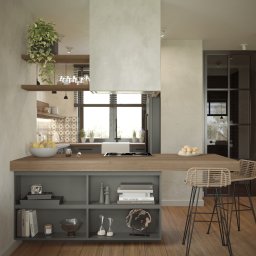 W&W GROUP SPÓŁKA Z OGRANICZONĄ ODPOWIEDZIALNOŚCIĄ - Nowoczesna kuchnia z wyspą, drewnianym blatem i hokerami. Minimalistyczny design, jasne kolory, roślina doniczkowa na półce. Widok na okno i przeszklone drzwi.