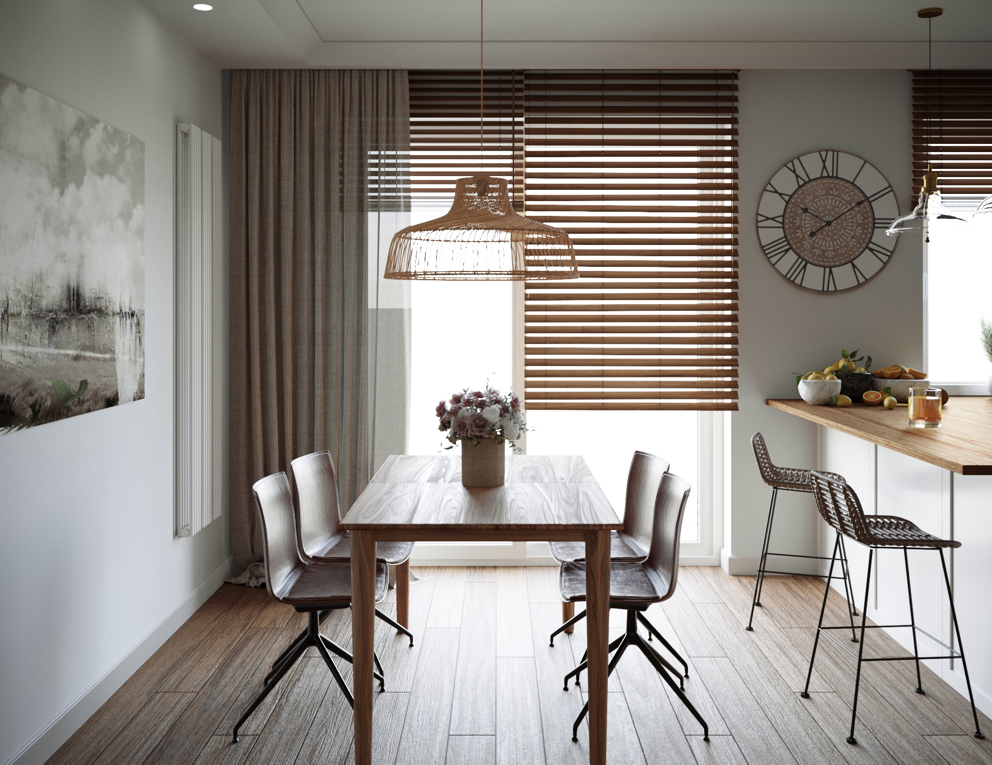 Jasna jadalnia z drewnianym stołem, krzesłami na metalowych nogach i lampą z wikliny. W tle okno z żaluzjami i zegar na ścianie. Minimalistyczny design.