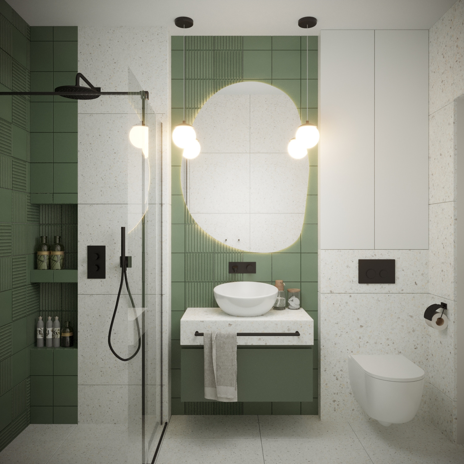 Nowoczesna łazienka z zielonymi akcentami: kabina prysznicowa, umywalka na szafce, toaleta podwieszana. Minimalistyczny design, terazzo i oświetlenie punktowe.