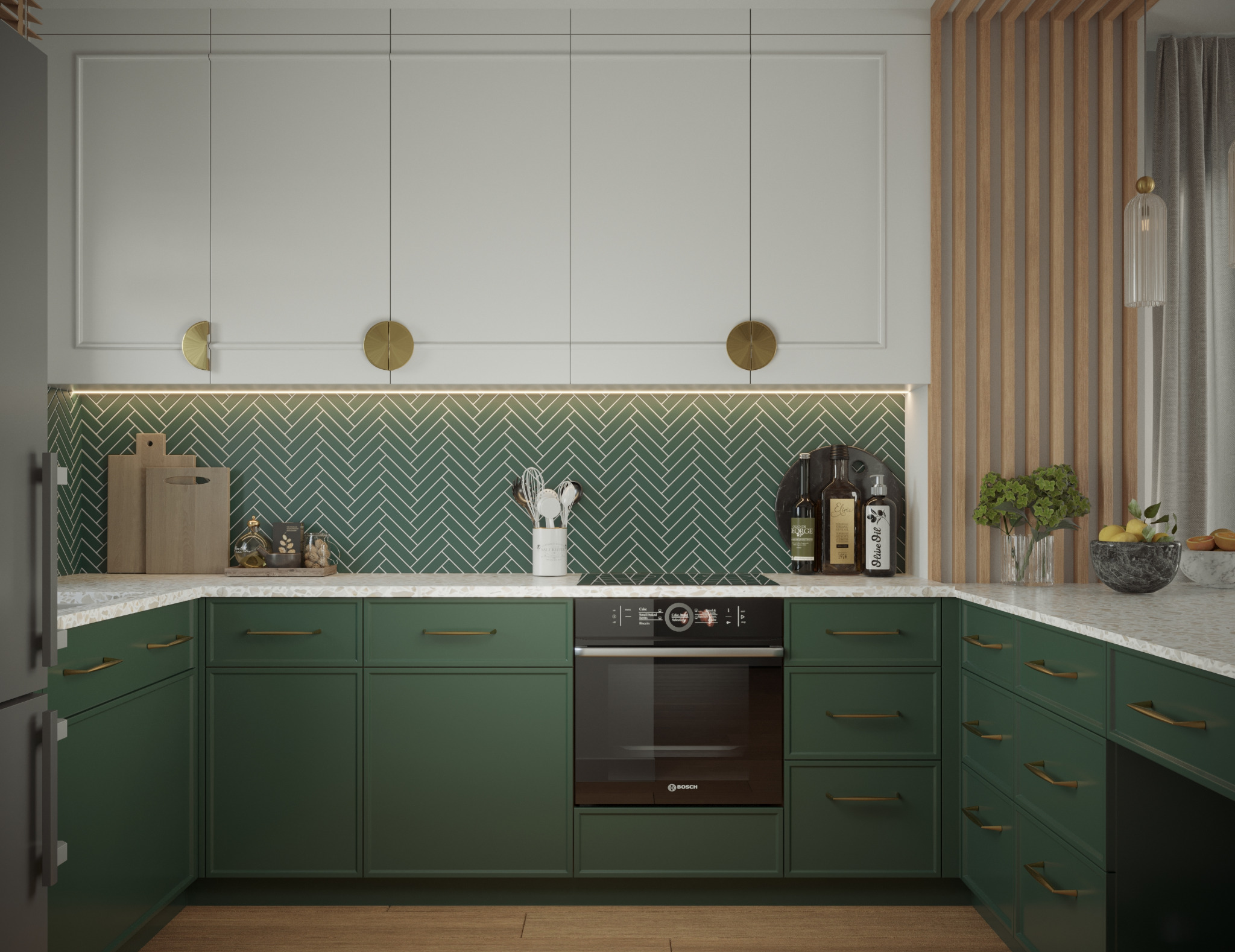 Nowoczesna kuchnia w odcieniach zieleni z płytkami w jodełkę, złotymi akcentami i drewnianymi lamelami. Minimalistyczny design z dbałością o detale.