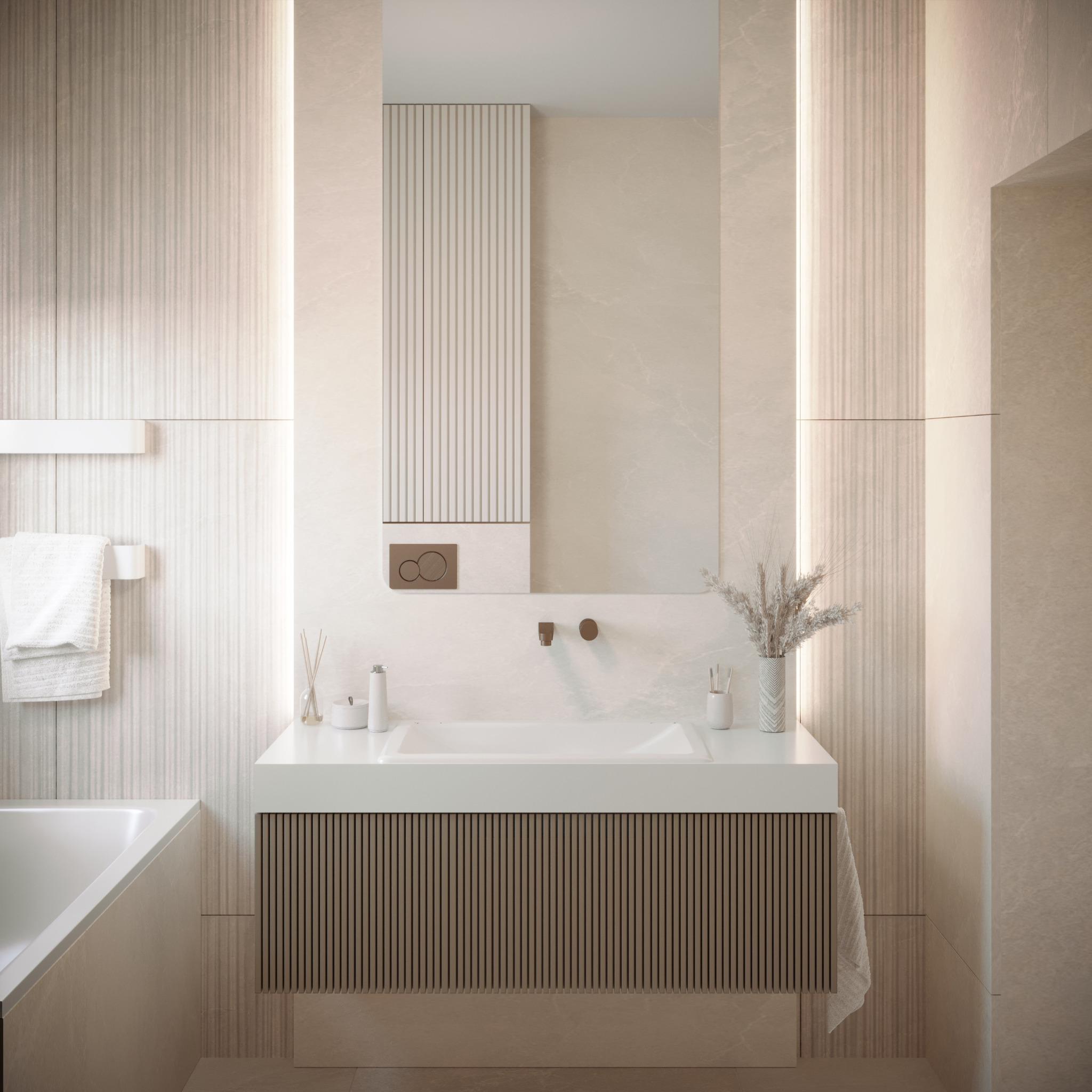 Nowoczesna łazienka w beżach: umywalka z szafką z lamelami, lustro z podświetleniem, minimalistyczna armatura i dekoracje. Spokojna kolorystyka, elegancki design.