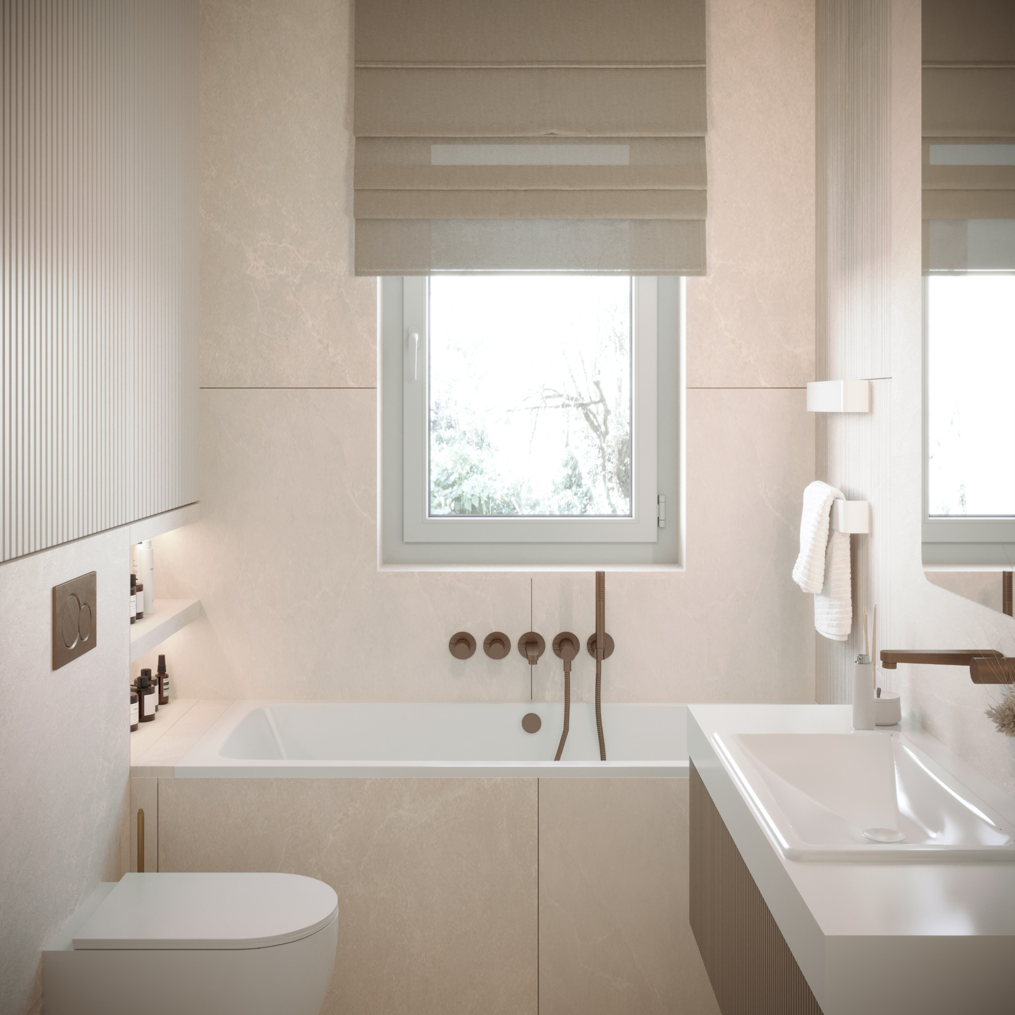 Elegancka łazienka w beżach: minimalistyczna toaleta, wanna z brązową armaturą, biała umywalka i roleta w oknie. Subtelne oświetlenie i tekstury ścian dodają wnętrzu ciepła.