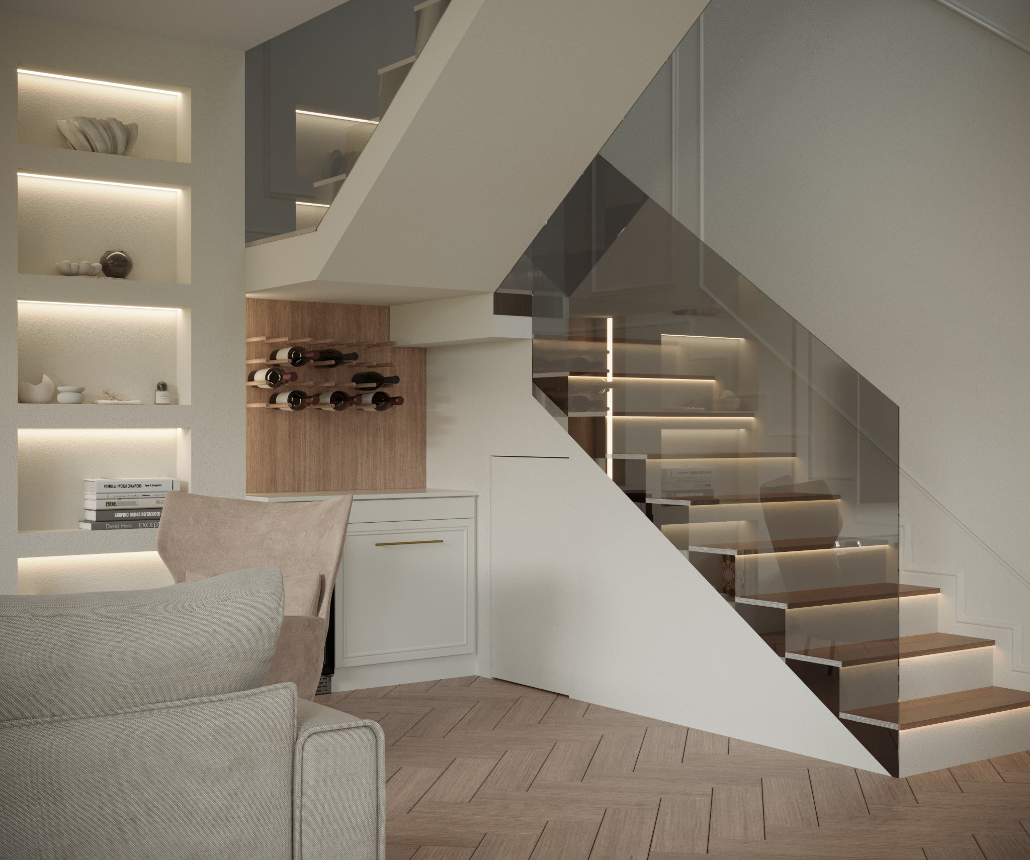 Nowoczesne schody z podświetleniem LED i szklaną balustradą, wnęki z dekoracjami i półka na wino, parkiet w jodełkę. Projekt wnętrza z dbałością o detale.