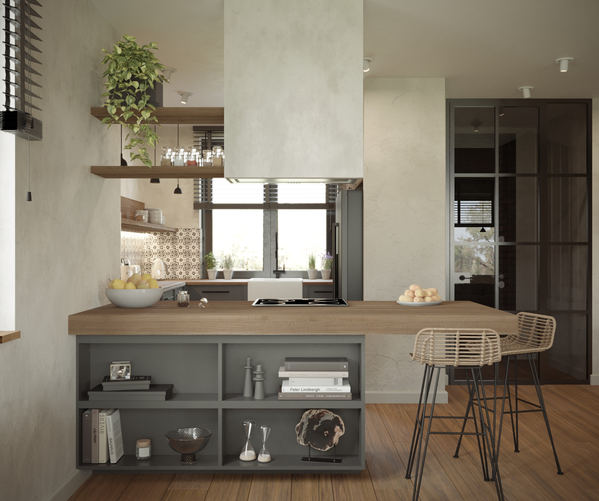 Nowoczesna kuchnia z wyspą, drewnianym blatem i hokerami. Minimalistyczny design, jasne kolory, roślina doniczkowa na półce. Widok na okno i przeszklone drzwi.