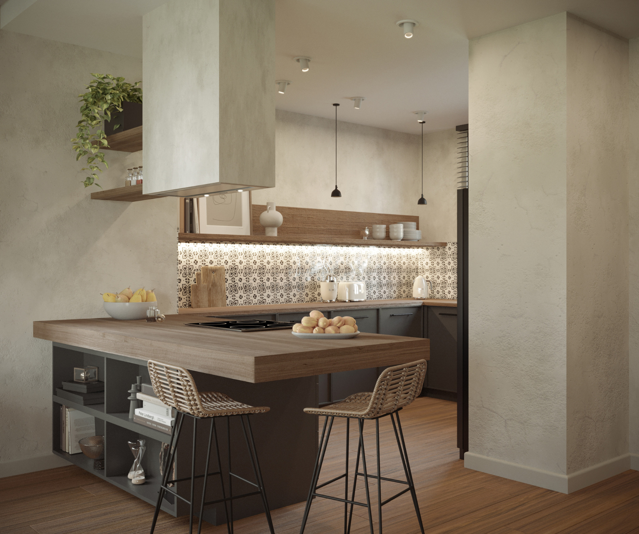 Nowoczesna kuchnia z wyspą i hokerami z rattanu. Na blacie owoce, w tle mozaika i oświetlenie LED. Minimalistyczny design z elementami rustykalnymi.