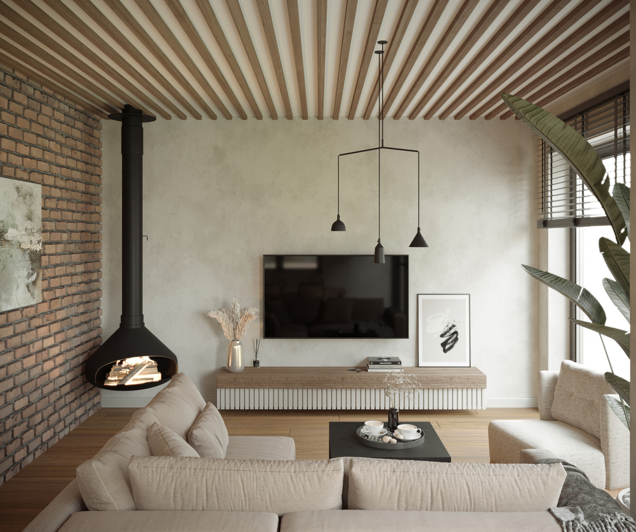 Salon z ceglaną ścianą, wiszącym kominkiem i drewnianym sufitem lamelowym. Beżowa sofa i fotel, minimalistyczne oświetlenie. Nowoczesny design z elementami rustykalnymi.