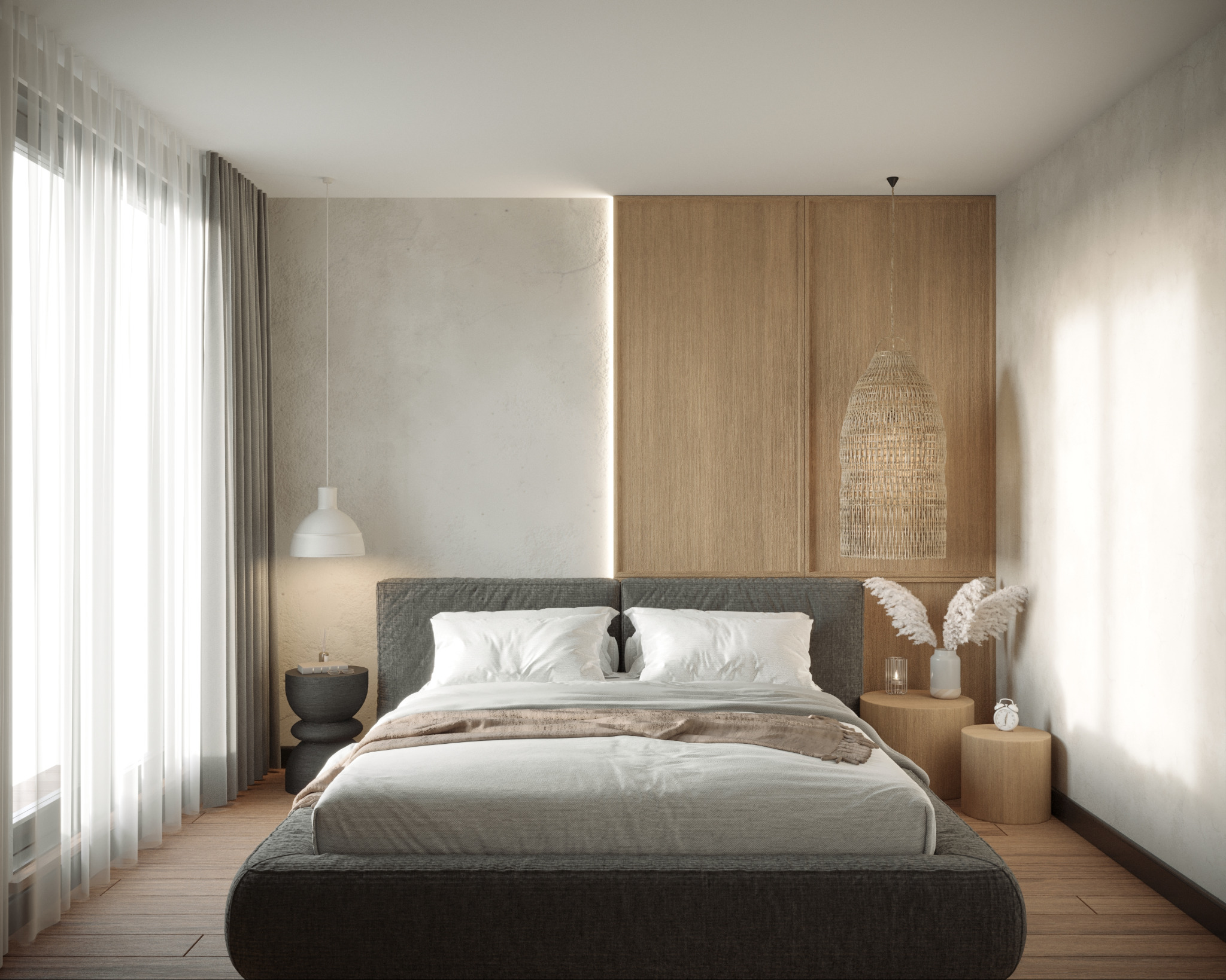 Minimalistyczna sypialnia z łóżkiem w odcieniach szarości, drewnianą ścianą z podświetleniem LED i plecioną lampą. Stonowana kolorystyka, naturalne materiały.