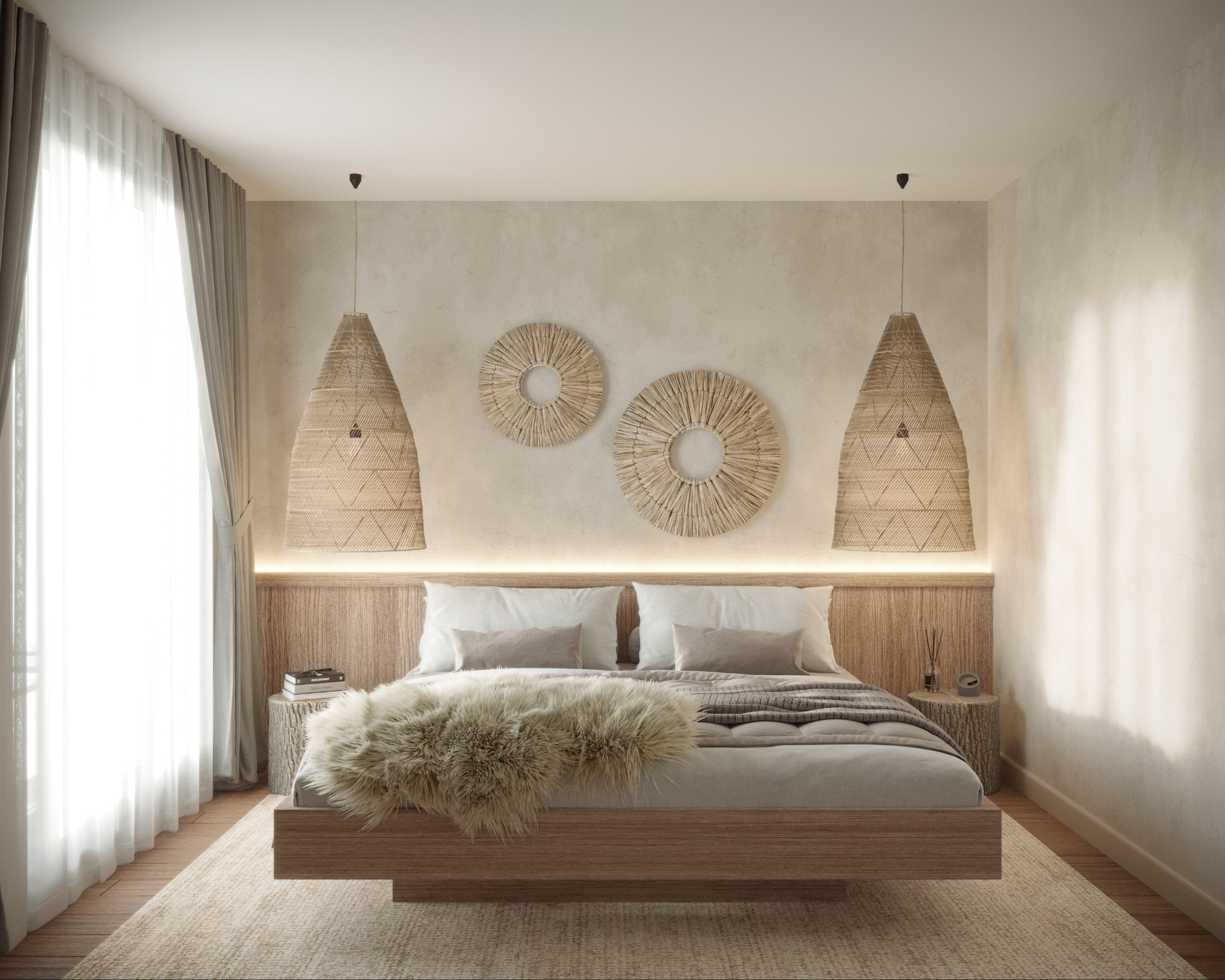 Jasna sypialnia w stylu boho z drewnianym łóżkiem, okrągłymi dekoracjami ściennymi i lampami z naturalnych materiałów. Przytulne, neutralne barwy i miękkie światło.