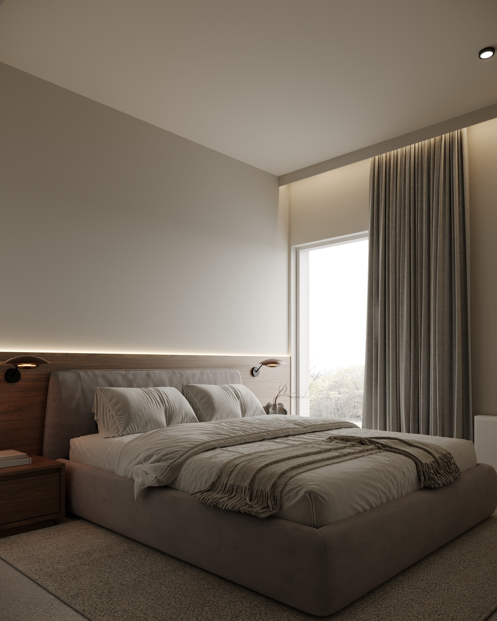 Nowoczesna sypialnia w stonowanych barwach. Duże łóżko z drewnianym zagłówkiem i lampkami nocnymi. Okno z zasłonami w tle. Minimalistyczny design.