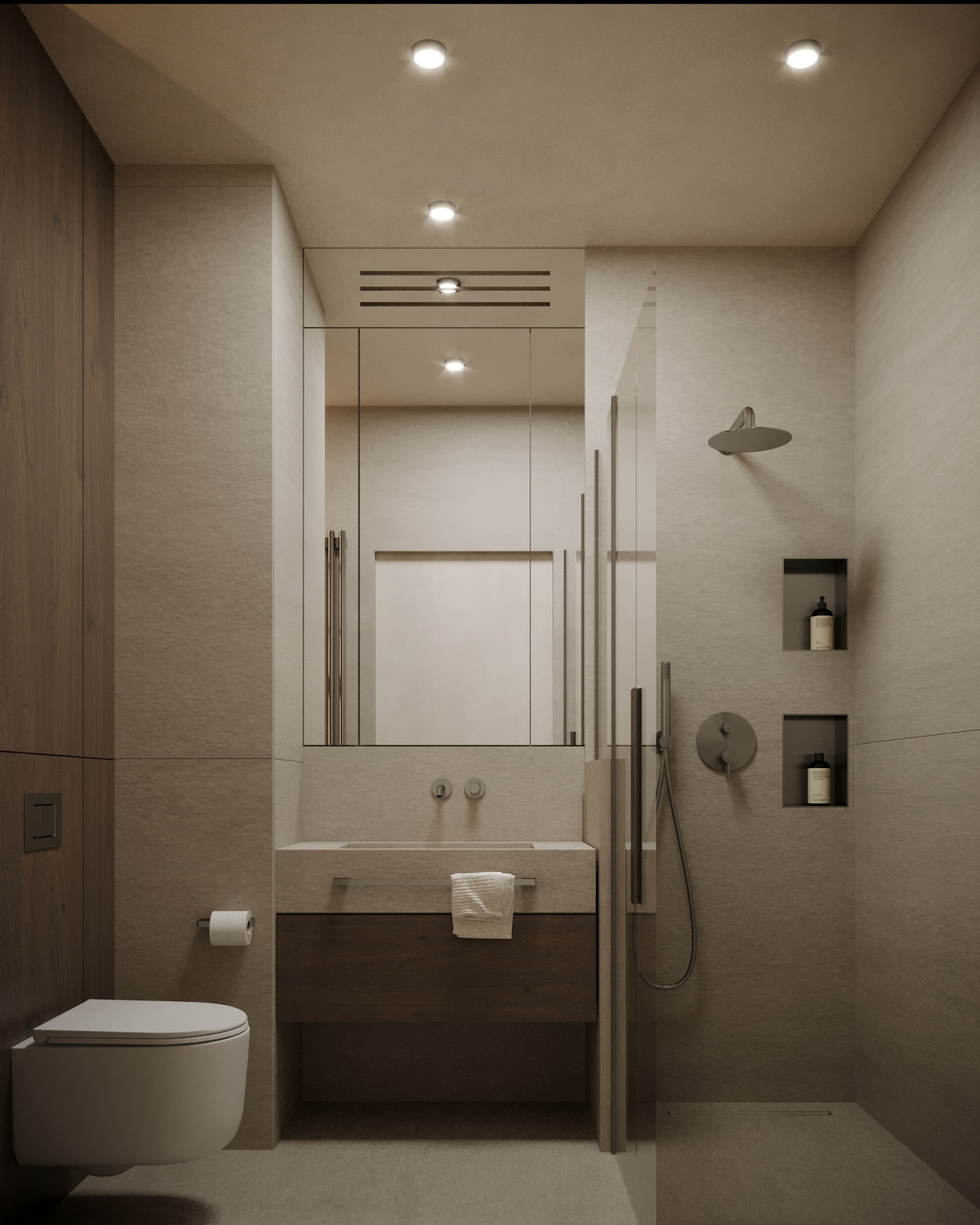 Minimalistyczna łazienka w beżach z drewnianymi akcentami: toaleta, umywalka z szafką, kabina prysznicowa typu walk-in i wnęki z kosmetykami. Oświetlenie punktowe.