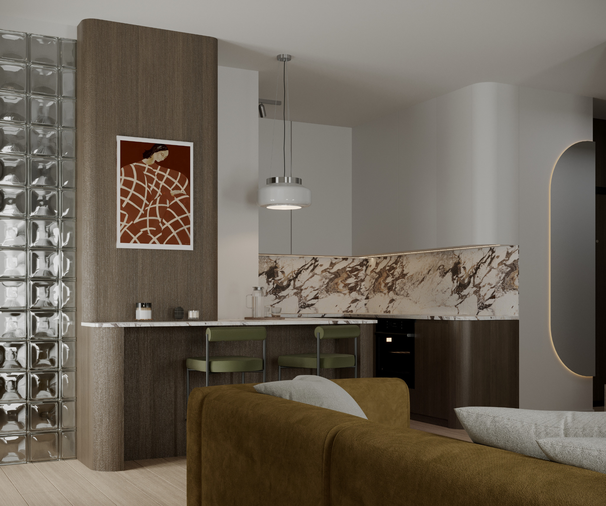 Nowoczesne wnętrze: szklana ściana z luksferów, drewniana zabudowa z obrazem, marmurowy blat, zielone krzesła barowe i sofa w odcieniach brązu.