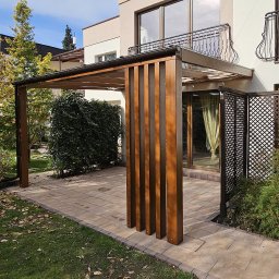 Dtgdrewno - zadaszenie na wymiar z drewna BSH, na górę szyba hartowana 8 mm, zasłony przeciwsłoneczne bawełniane, razem z montażem