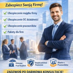 Pośrednictwo Ubezpieczeniowo-Finansowe Małgorzata Ziółkowska - Ubezpieczenia dla firm: majątku, OC działalności, pracowników. Zabezpiecz swoją firmę! Darmowa konsultacja, numer telefonu. Uśmiechnięty mężczyzna w garniturze na tle biurowca.