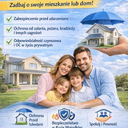 Pośrednictwo Ubezpieczeniowo-Finansowe Małgorzata Ziółkowska - Plakat reklamowy ubezpieczenia nieruchomości: uśmiechnięta rodzina na tle domu, hasła o ochronie przed zdarzeniami losowymi i numer telefonu do kontaktu. Błękitna kolorystyka.