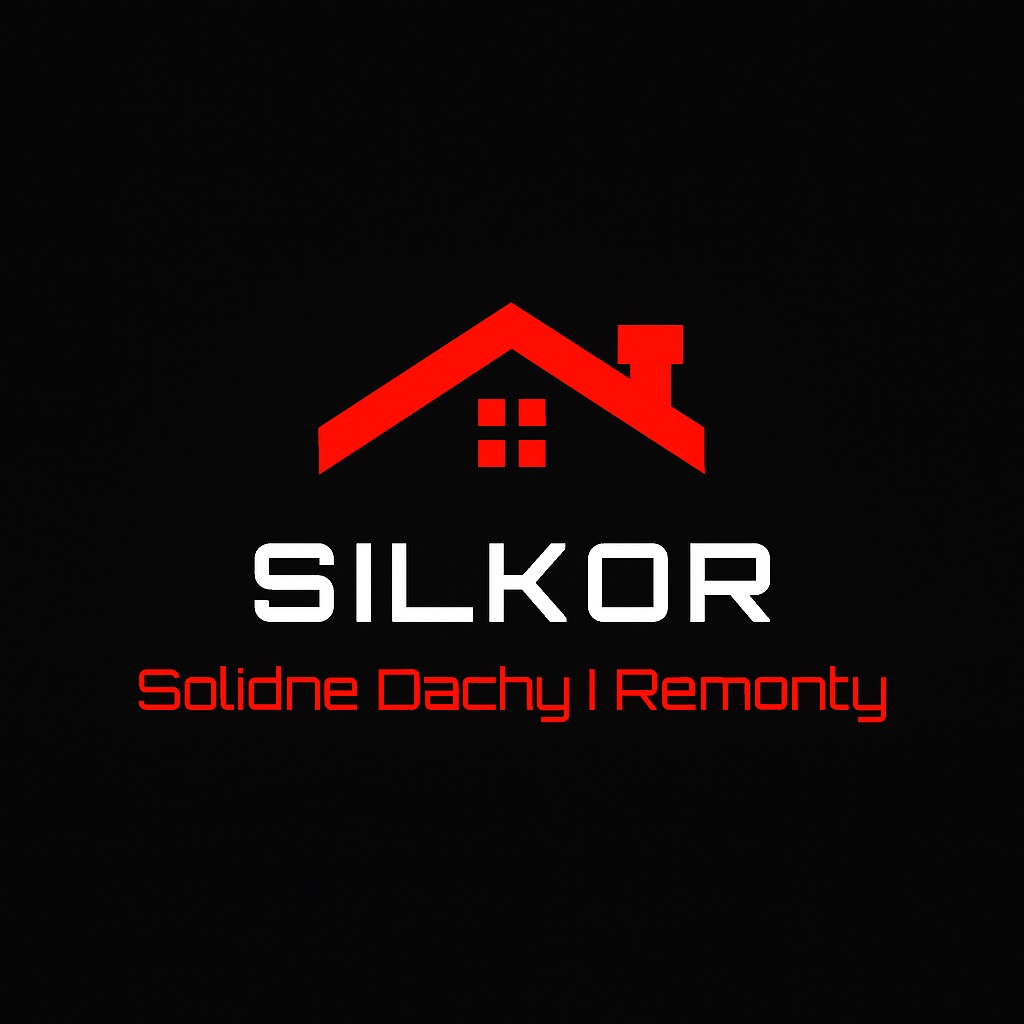 Logo firmy SILKOR z czerwonym symbolem dachu i komina nad nazwą, pod spodem napis 'Solidne Dachy i Remonty' na czarnym tle. Minimalistyczny design.