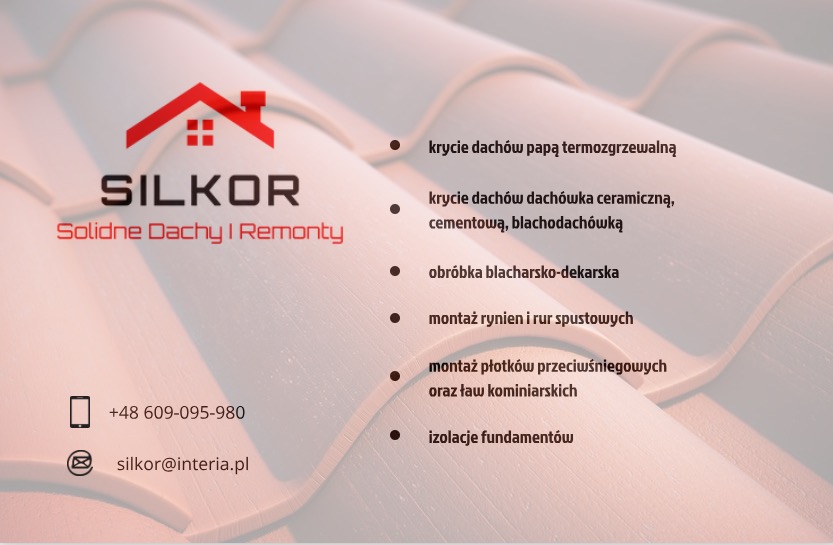 Grafika firmy SILKOR: solidne dachy i remonty. Oferta obejmuje krycie dachów papą, dachówką, obróbki blacharskie, montaż rynien, płotków śniegowych i izolacje.