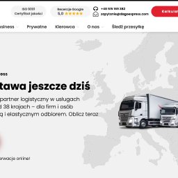 Łukasz Kryściak - Strona internetowa DAGO Express z ofertą spedycji i przesyłek kurierskich. Widoczne pojazdy: ciężarówka, furgonetka, samochód osobowy i skuter na tle mapy Europy.