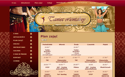 Fragment strony internetowej z rozkładem zajęć tanecznych, nazwa domeny 'Taniec orientalny' z grafiką tancerki brzucha w tle, plan zajęć obejmuje taniec brzucha, gimnastykę wyszczuplającą, ABT...