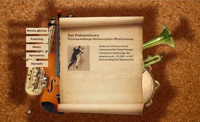 Projekt strony internetowej balu połowinkowego Warszawskiego Uniwersytetu Medycznego z menu po lewej stronie i grafiką instrumentów muzycznych w tle.