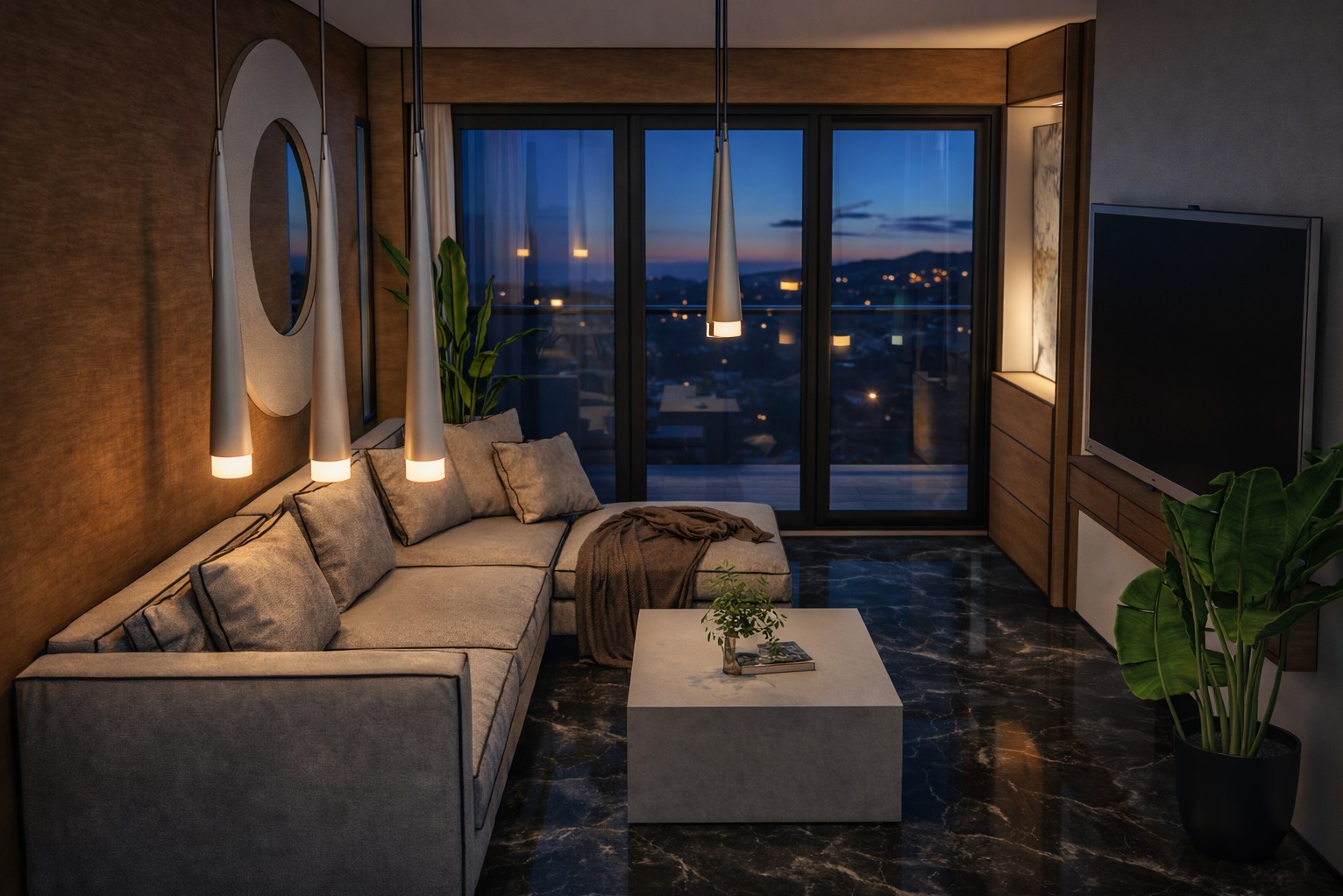Nowoczesny salon z szarą sofą narożną, marmurową podłogą i widokiem na nocne miasto. Stożkowe lampy wiszące dodają elegancji. Minimalistyczny stolik kawowy z rośliną.