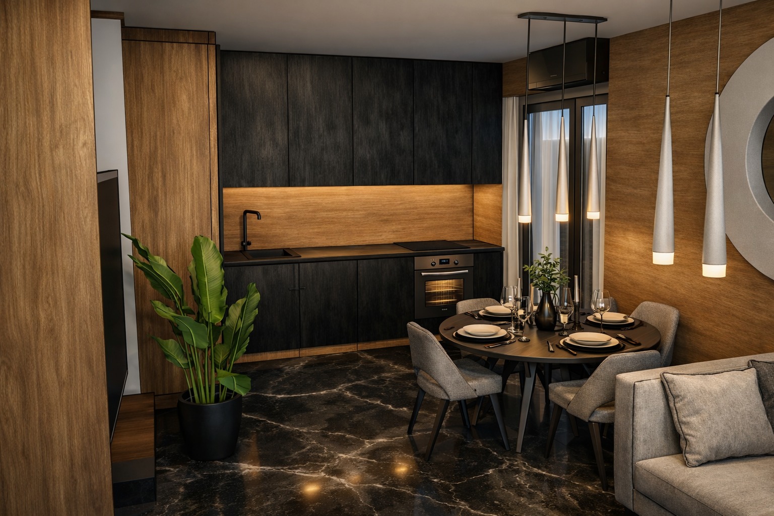 Nowoczesna kuchnia z czarnymi szafkami i drewnianymi akcentami, okrągły stół jadalny z szarymi krzesłami, marmurowa podłoga i designerskie lampy wiszące.