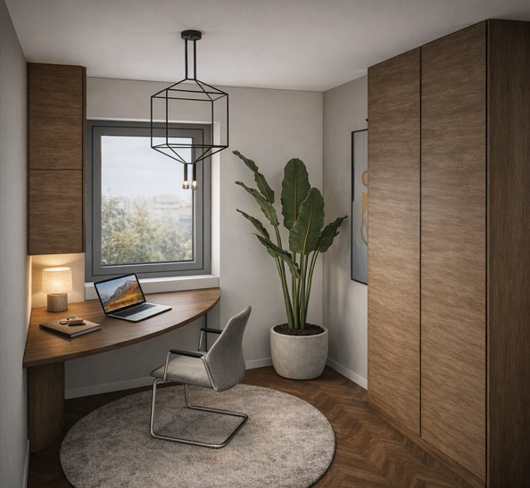 Ergonomiczne biuro w domu: narożne biurko z laptopem przy oknie, drewniana szafa w zabudowie, okrągły dywan i roślina doniczkowa. Minimalistyczna lampa sufitowa.