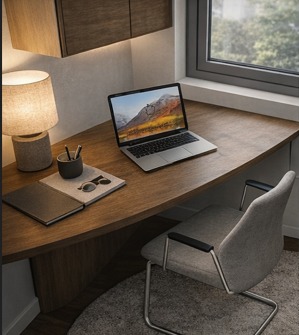 Kącik do pracy z drewnianym biurkiem pod oknem, szarym krzesłem i lampką. Na blacie laptop, notatnik i przybory do pisania. Minimalistyczny design, ciepłe oświetlenie.