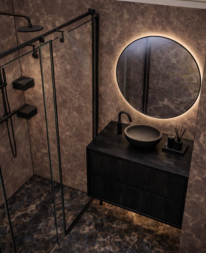 Nowoczesna łazienka z kabiną prysznicową typu walk-in, okrągłym lustrem z podświetleniem LED i czarną szafką z umywalką nablatową na tle marmurowych ścian.