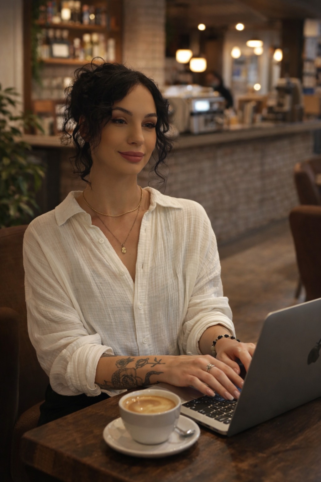 Kobieta z tatuażem na ramieniu pracuje na laptopie w kawiarni, obok filiżanka cappuccino. W tle regał z alkoholem i ceglana ściana.