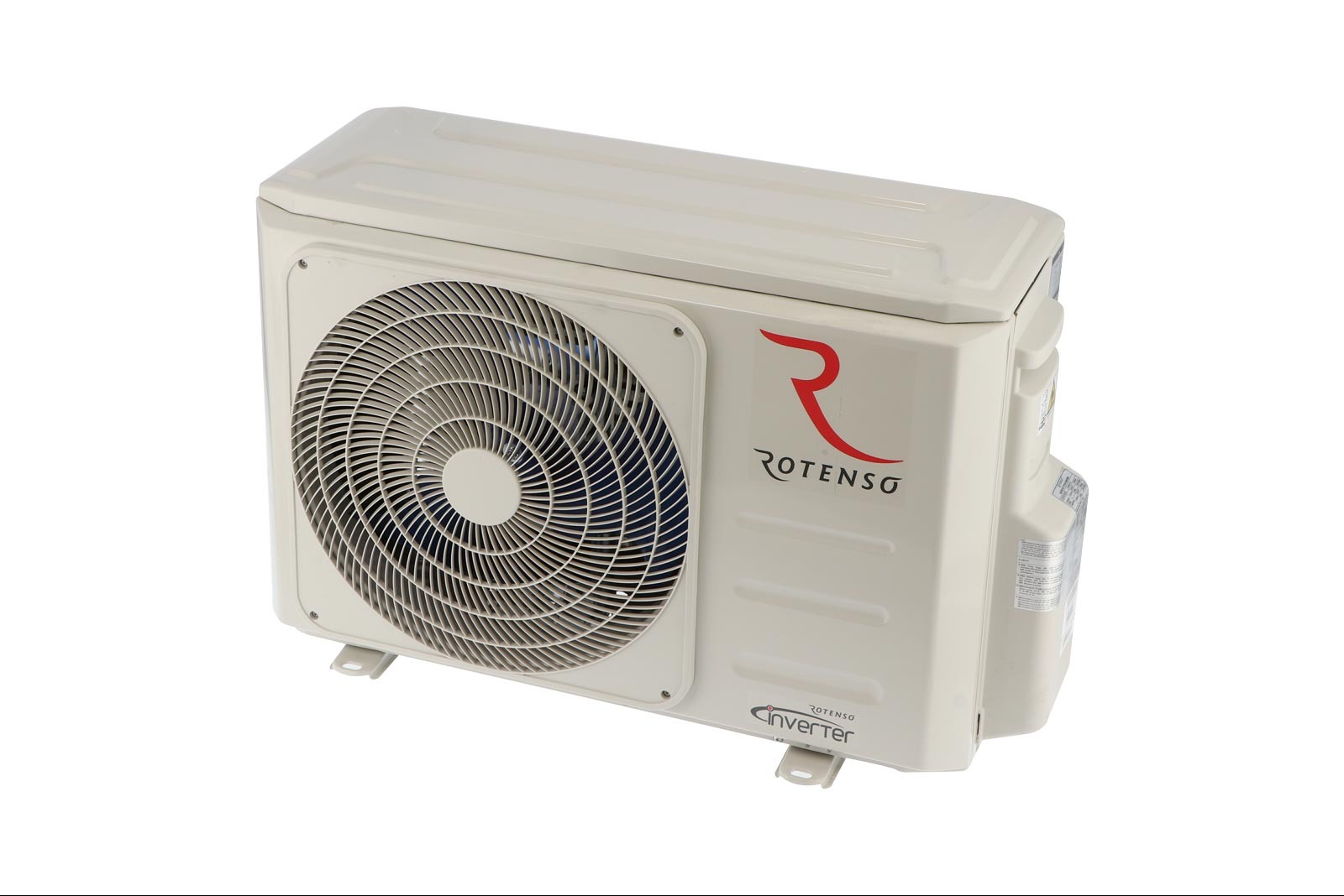Klimatyzator Rotenso w obudowie z tworzywa, widok z boku, z widocznym logo i napisem 'Inverter'. Białe tło podkreśla czystość urządzenia.