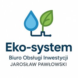 Jarosław Pawłowski - Logo firmy Eko-system z symbolem kropli wody i liścia połączonych liniami, pod napisem 'Biuro Obsługi Inwestycji JAROSŁAW PAWŁOWSKI'.