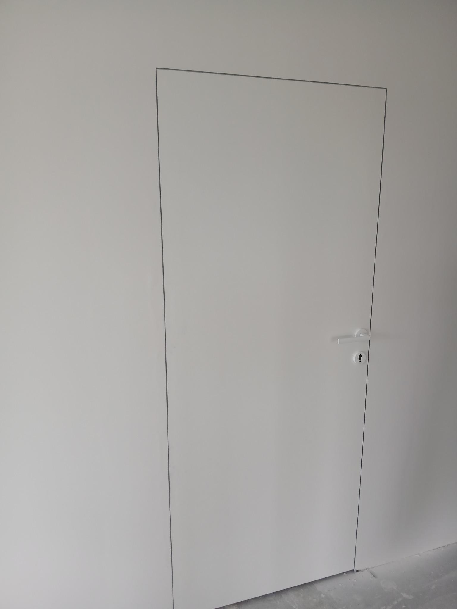 Minimalistyczne, białe drzwi ukryte w ścianie, z delikatną ramką i klamką, tworzące spójną, nowoczesną powierzchnię. Widoczny fragment podłogi.